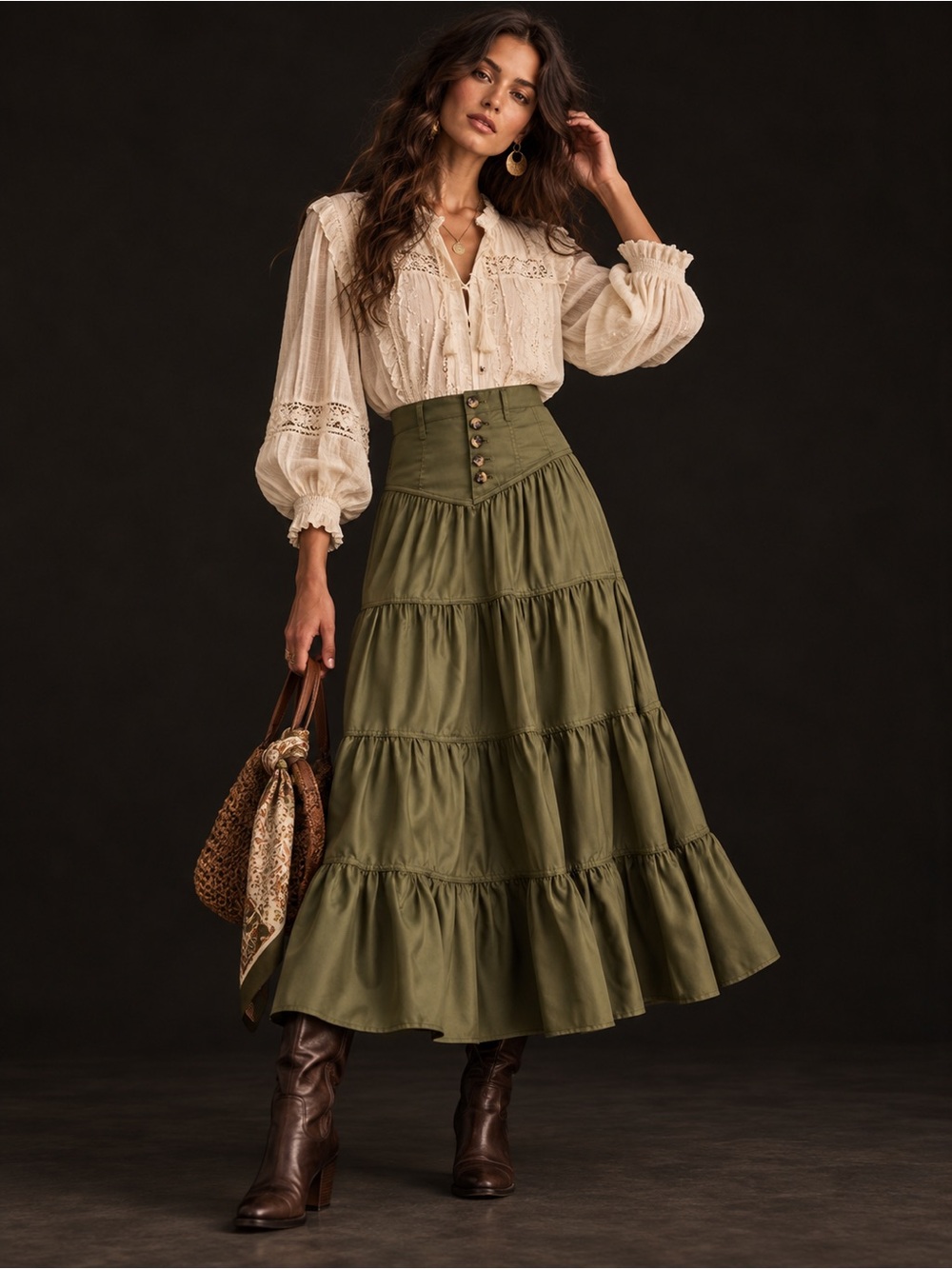 Anthropologie Olive Tiered Maxi Skirt with Buttoned Waist